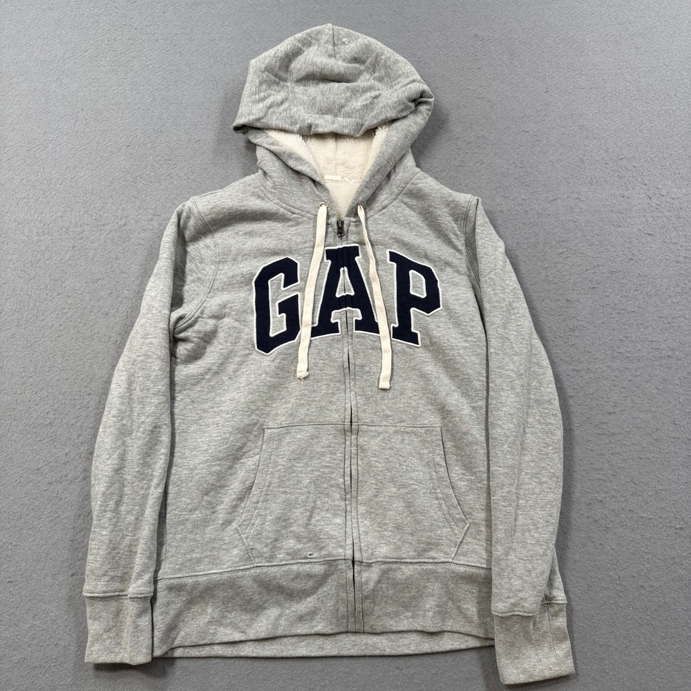 GAP Hoodie Women's Small Gray Sherpa Lined Full Zip Relaxed Fit Cozy Sweatshirt
